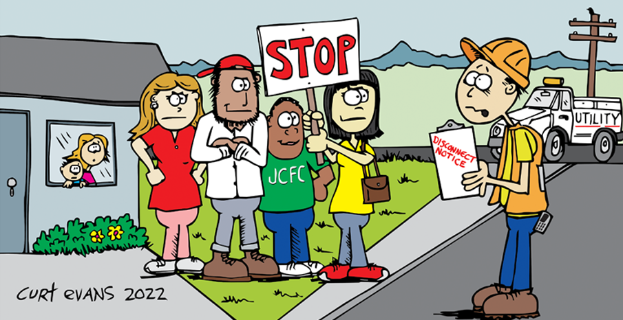 An illustration of four neighbors stopping a utility worker from disconnecting a family's utilities.