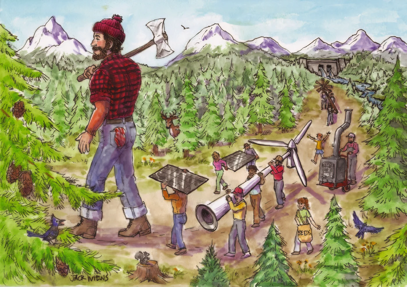 Illustration showing Paul Bunyan as a giant and his small followers walking through the forest carrying renewable energy. The illustration is by Jack Wiens