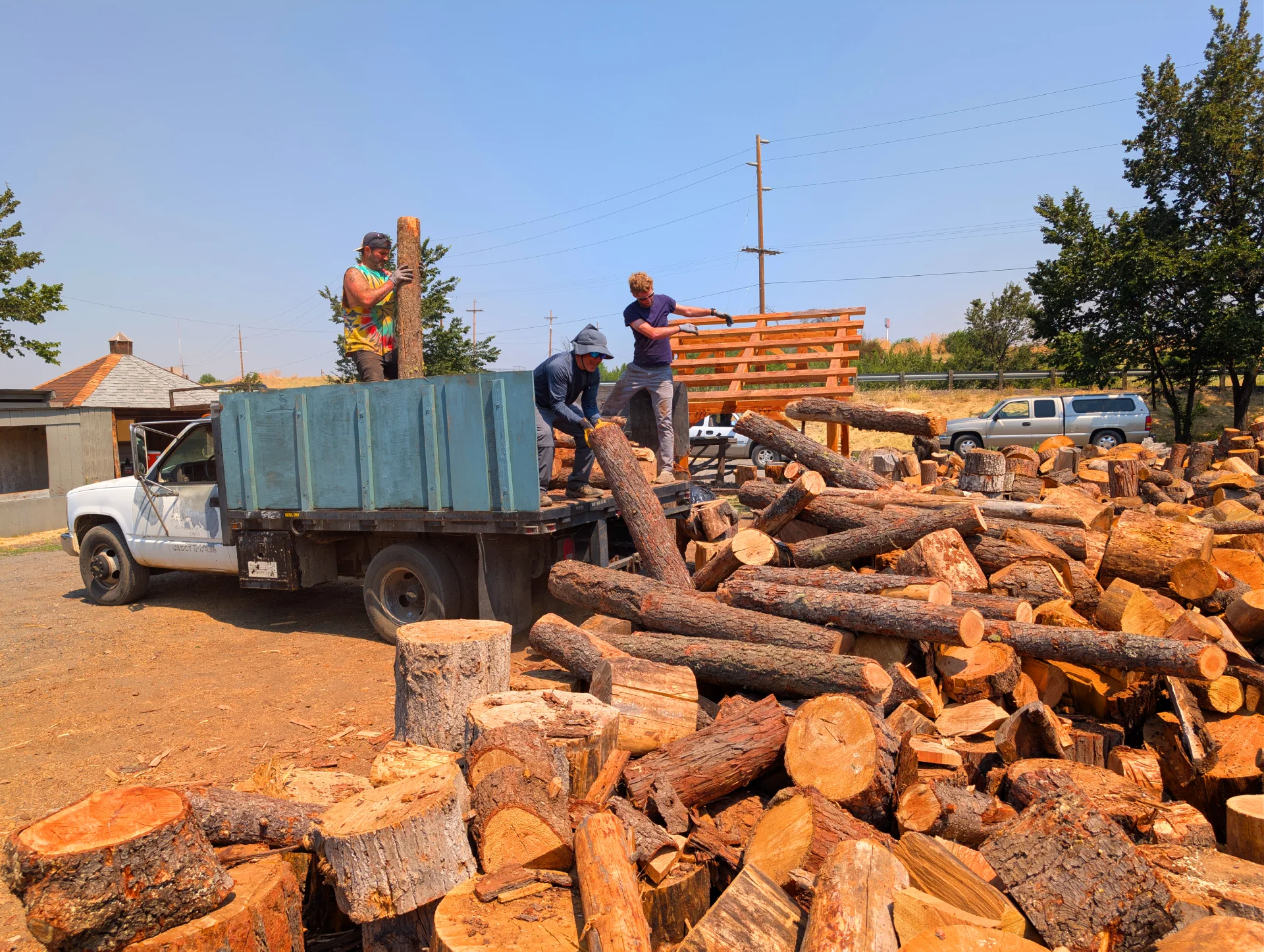 Three volunteers in a big truck unload entire logs into a pile of wood.
